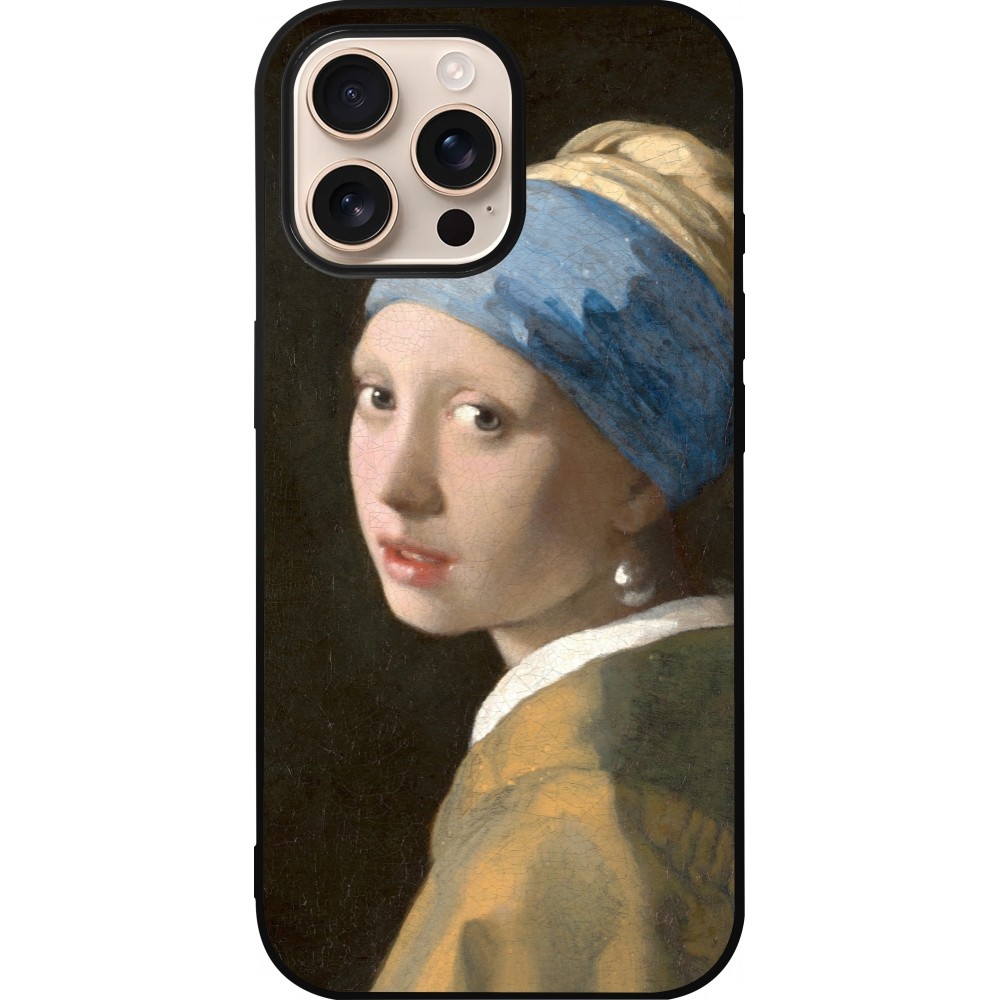 Coque iPhone 16 Pro Max - Silicone rigide noir Tableau art - La Jeune fille à la perle - Johannes Vermeer