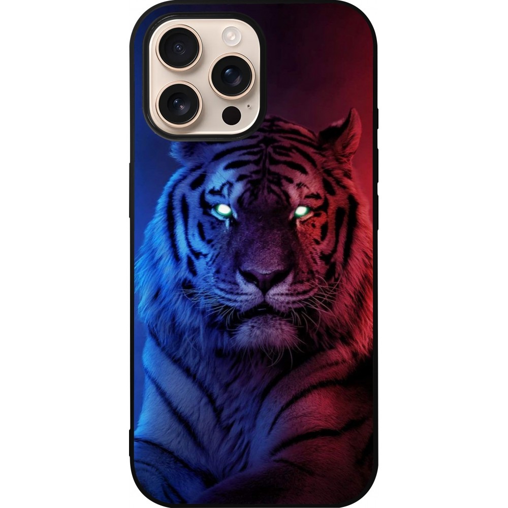Coque iPhone 16 Pro Max - Silicone rigide noir Tiger Blue Red