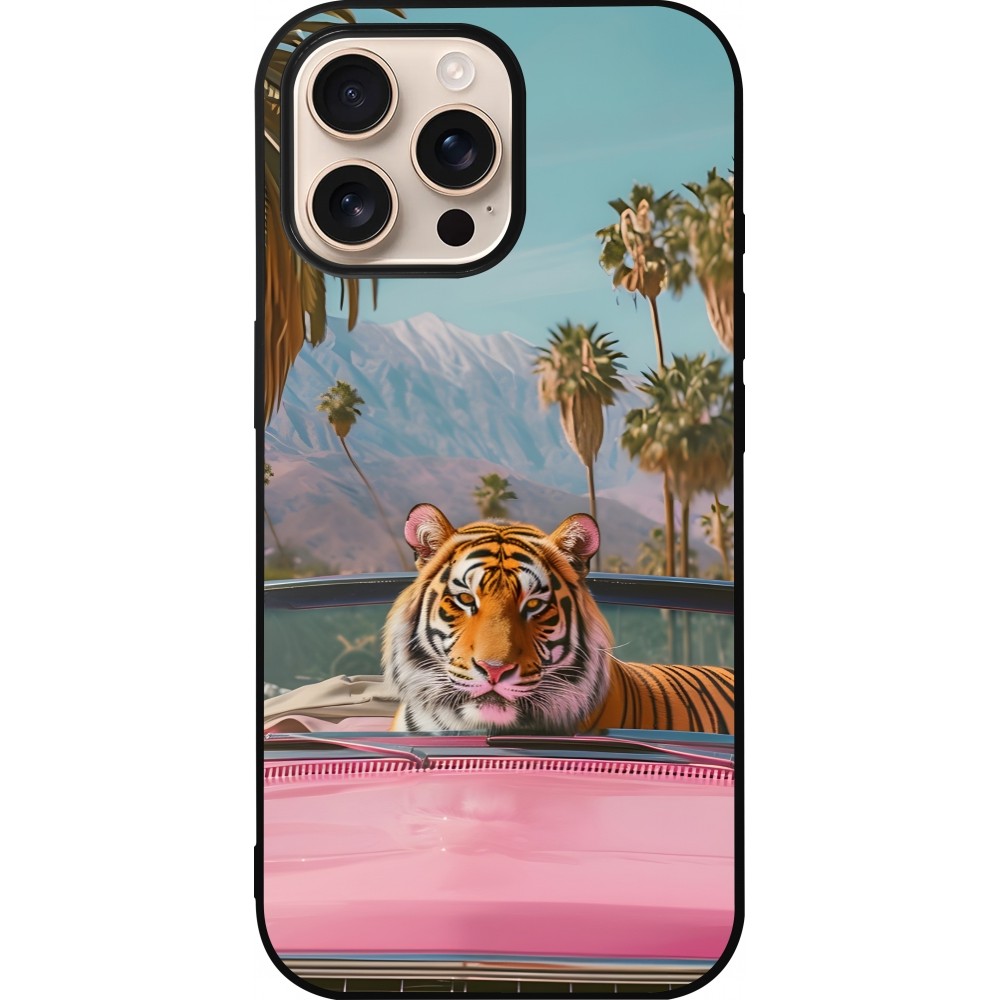 iPhone 16 Pro Max Case Hülle - Silikon schwarz Tiger Auto rosa