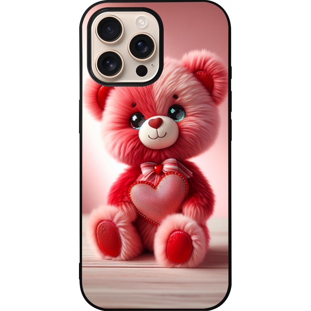 Coque iPhone 16 Pro Max - Silicone rigide noir Valentine 2024 Ourson rose