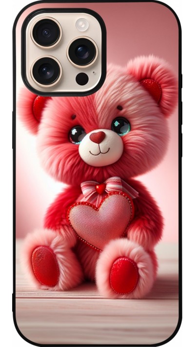 Coque iPhone 16 Pro Max - Silicone rigide noir Valentine 2024 Ourson rose