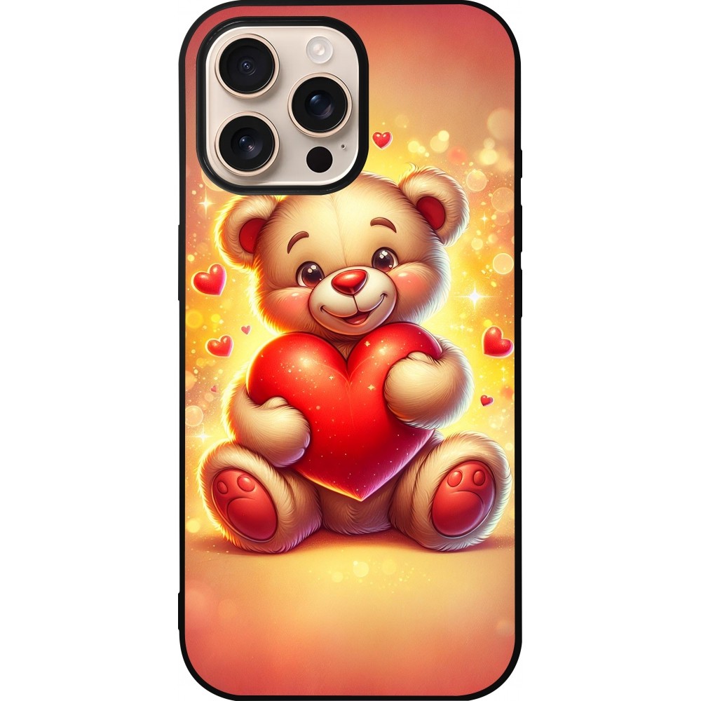Coque iPhone 16 Pro Max - Silicone rigide noir Valentine 2024 Teddy love