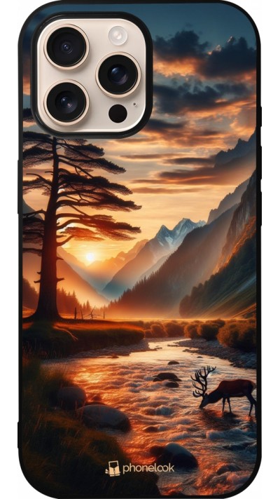 Coque iPhone 16 Pro Max - Silicone rigide noir Valley Sunset Deer Tree