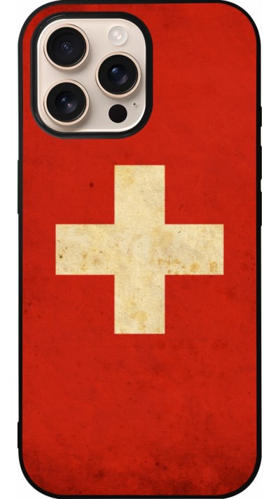 Coque iPhone 16 Pro Max - Silicone rigide noir Vintage Flag SWISS