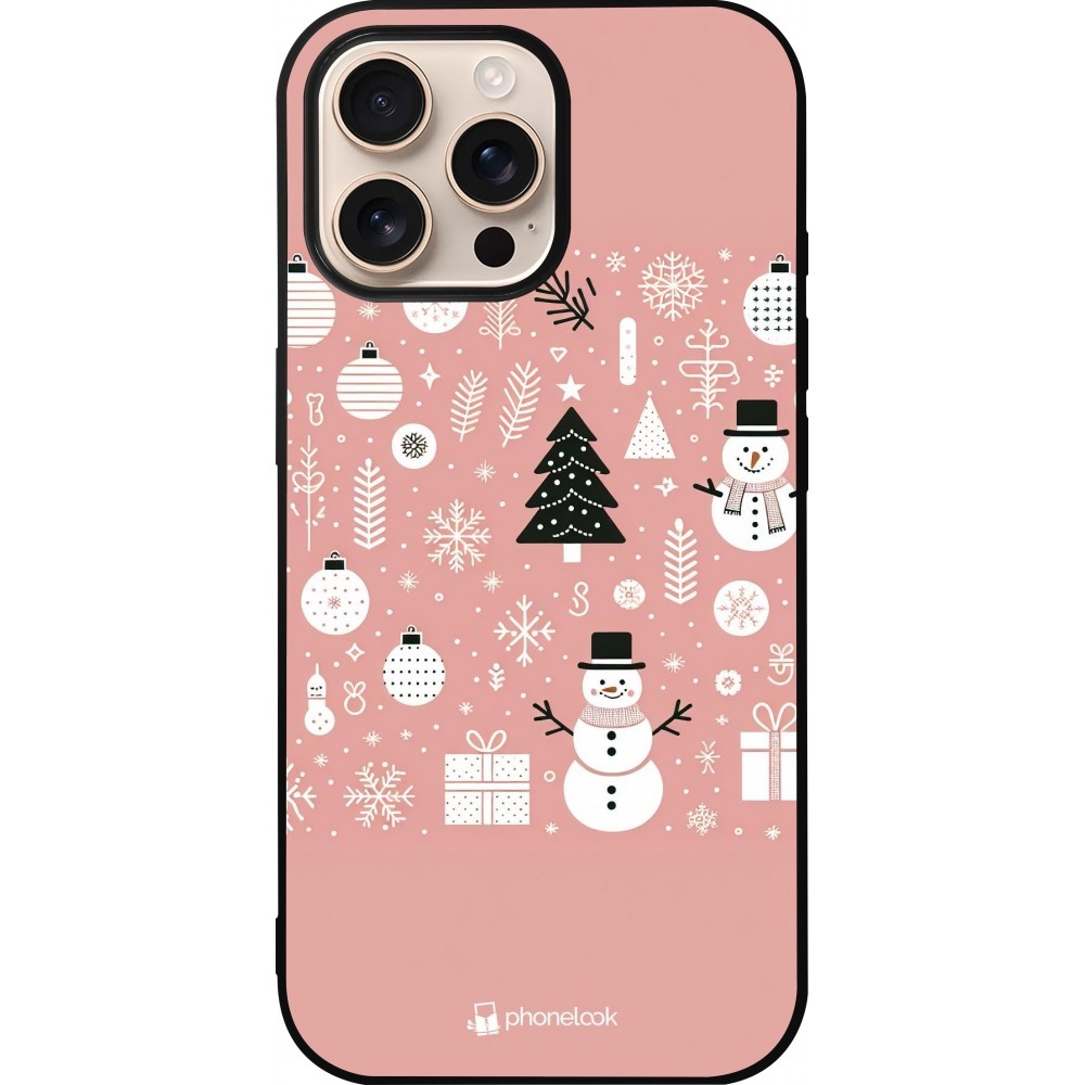 Coque iPhone 16 Pro Max - Silicone rigide noir Noël 2024 Rose Snowman Christmas