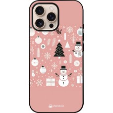 Coque iPhone 16 Pro Max - Silicone rigide noir Noël 2024 Rose Snowman Christmas