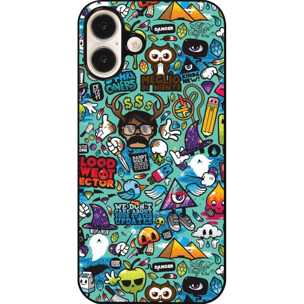 Coque iPhone 16 Plus - Mixed Cartoons Turquoise