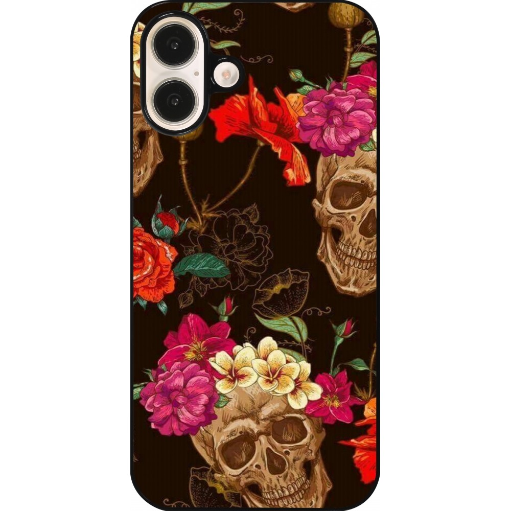 Coque iPhone 16 Plus - Skulls and flowers