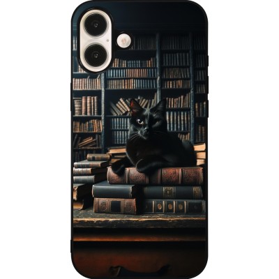 Coque iPhone 16 Plus - Silicone rigide noir Chat livres sombres