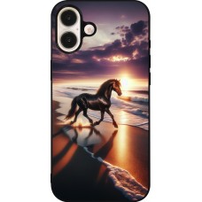Coque iPhone 16 Plus - Silicone rigide noir Cheval majestueux plage