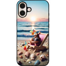 iPhone 16 Plus Case Hülle - Silikon schwarz Kackhaufen Emoji auf Liegestuhl