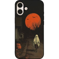 Coque iPhone 16 Plus - Silicone rigide noir Halloween 2025 Ghost on a bicycle