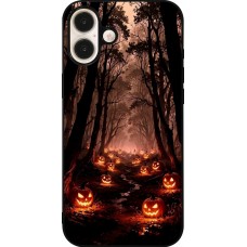 Coque iPhone 16 Plus - Silicone rigide noir Halloween 2025 Road of Terrifying Pumpkins