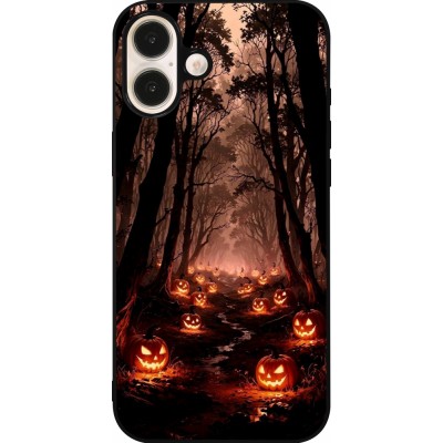 Coque iPhone 16 Plus - Silicone rigide noir Halloween 2025 Road of Terrifying Pumpkins