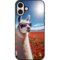 Coque iPhone 16 Plus - Silicone rigide noir Lama Chic en Coquelicot