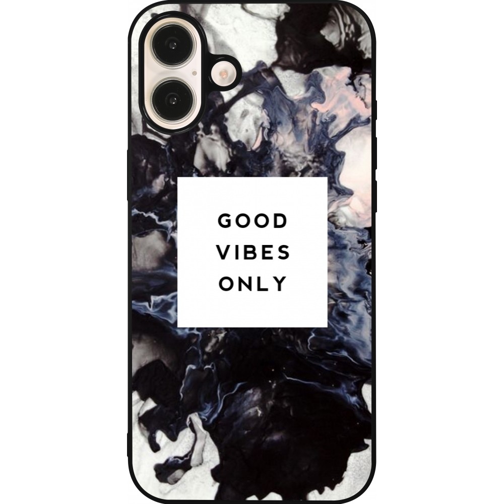 Coque iPhone 16 Plus - Silicone rigide noir Marble Good Vibes Only