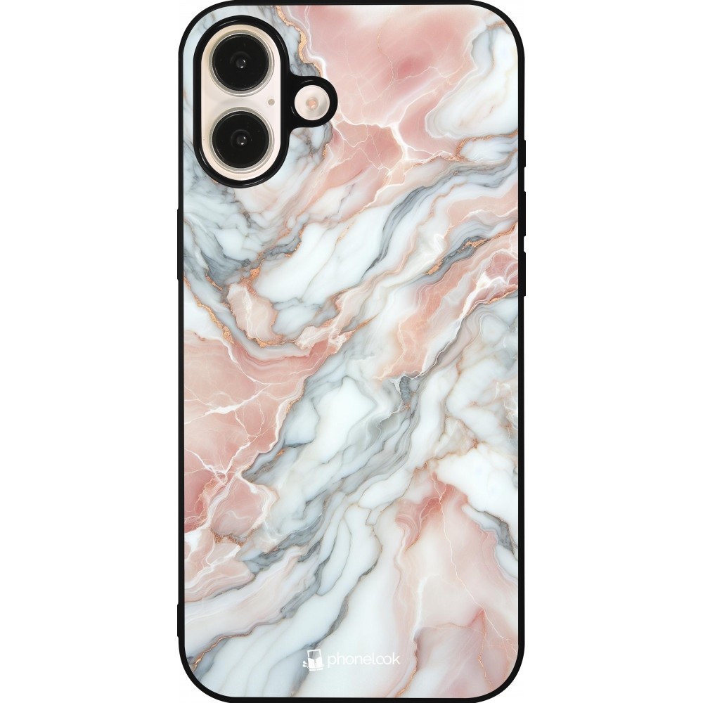 Coque iPhone 16 Plus - Silicone rigide noir Marbre Rose Lumineux