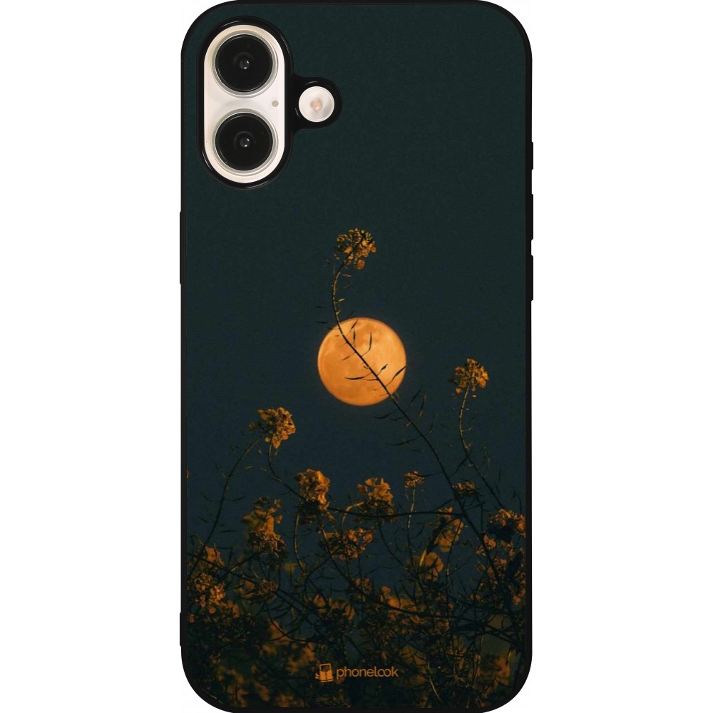 Coque iPhone 16 Plus - Silicone rigide noir Moon Flowers