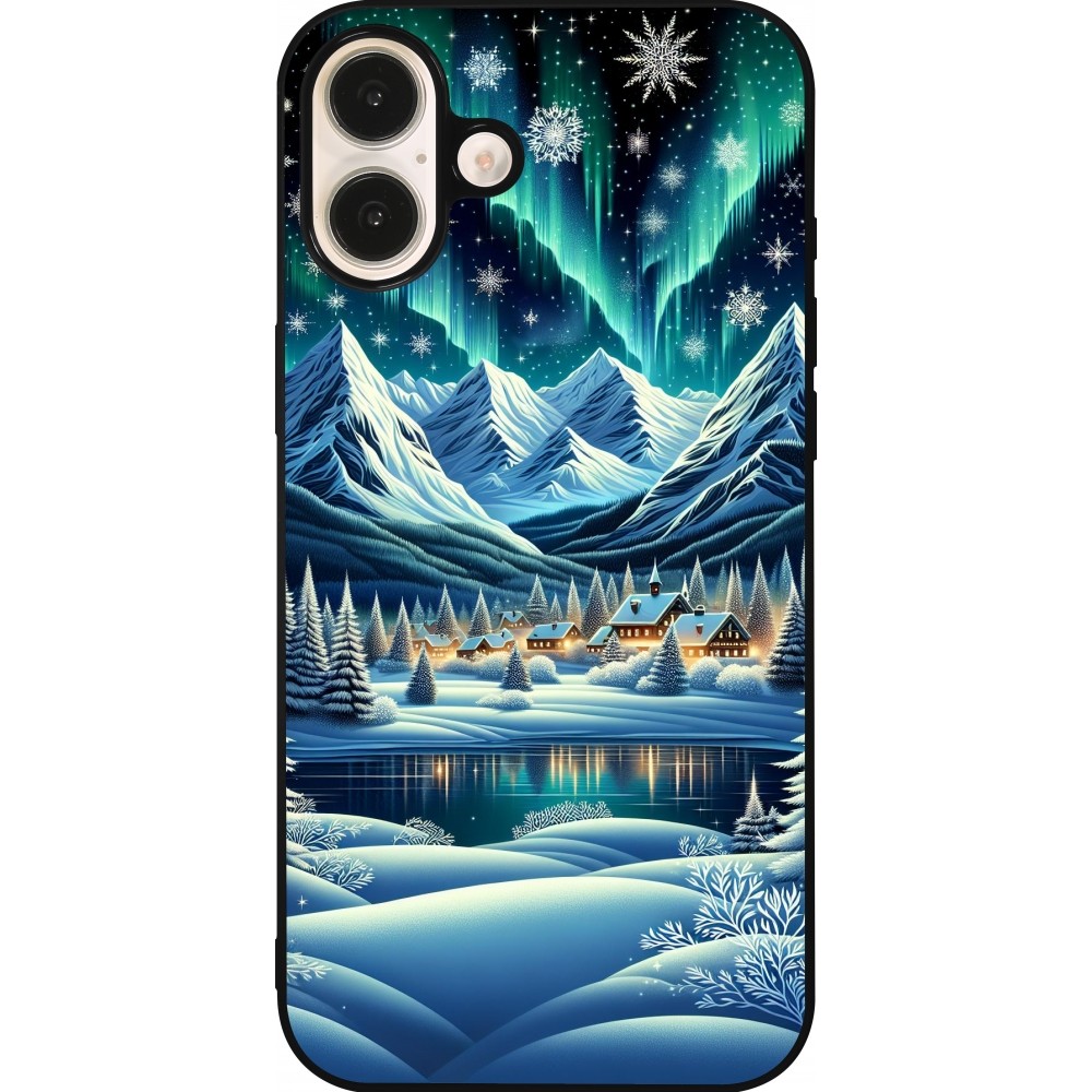 Coque iPhone 16 Plus - Silicone rigide noir Snowy Mountain Village Lake night