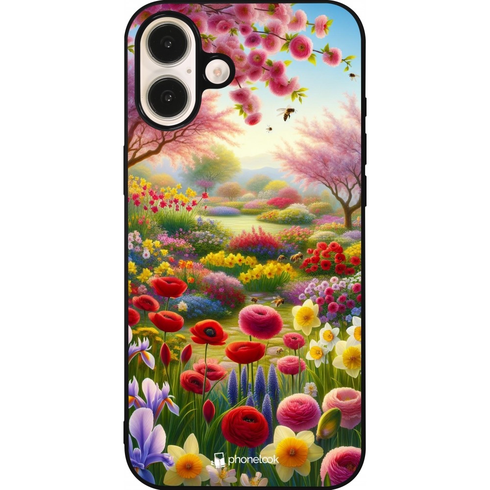 Coque iPhone 16 Plus - Silicone rigide noir Spring 25 Bouquet printemps