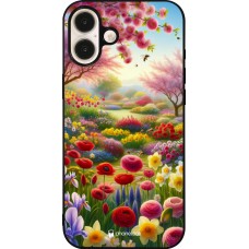 Coque iPhone 16 Plus - Silicone rigide noir Spring 25 Bouquet printemps