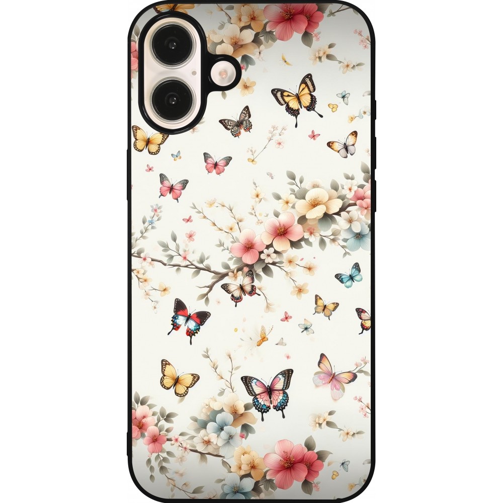 Coque iPhone 16 Plus - Silicone rigide noir Spring 25 Papillons Légers