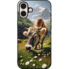 Coque iPhone 16 Plus - Silicone rigide noir Vache montagne Valais