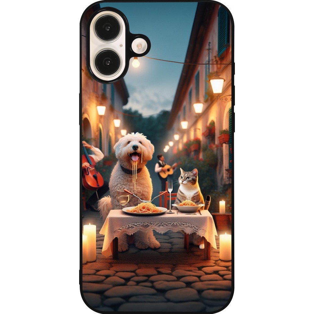 Coque iPhone 16 Plus - Silicone rigide noir Valentine 2024 Dog & Cat Candlelight