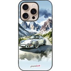 Coque iPhone 16 Pro - Silicone rigide noir Porsche 911 Mountain Watercolor