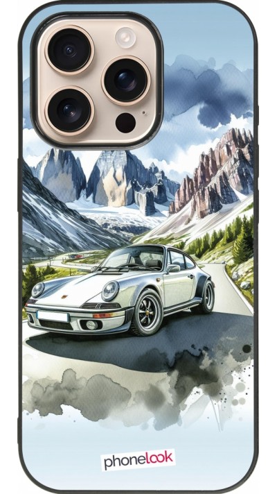 Coque iPhone 16 Pro - Silicone rigide noir Porsche 911 Mountain Watercolor