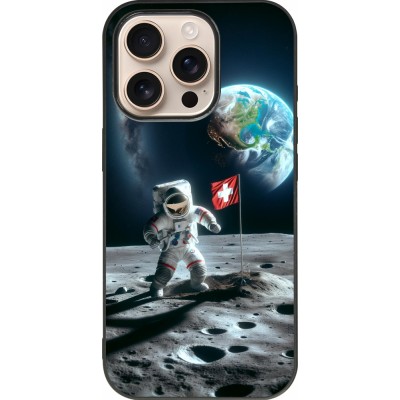 Coque iPhone 16 Pro - Silicone rigide noir Astro Suisse sur lune
