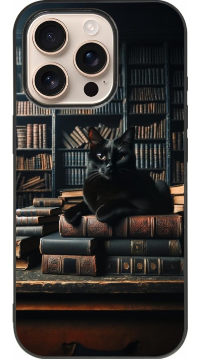 iPhone 16 Pro Case Hülle - Silikon schwarz Katze Bücher dunkel