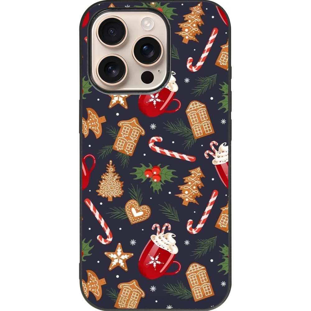 Coque iPhone 16 Pro - Silicone rigide noir Christmas 25 Pattern Gingerbread House