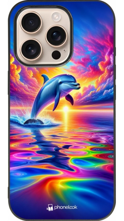 iPhone 16 Pro Case Hülle - Silikon schwarz Glücklicher Regenbogen-Delfin