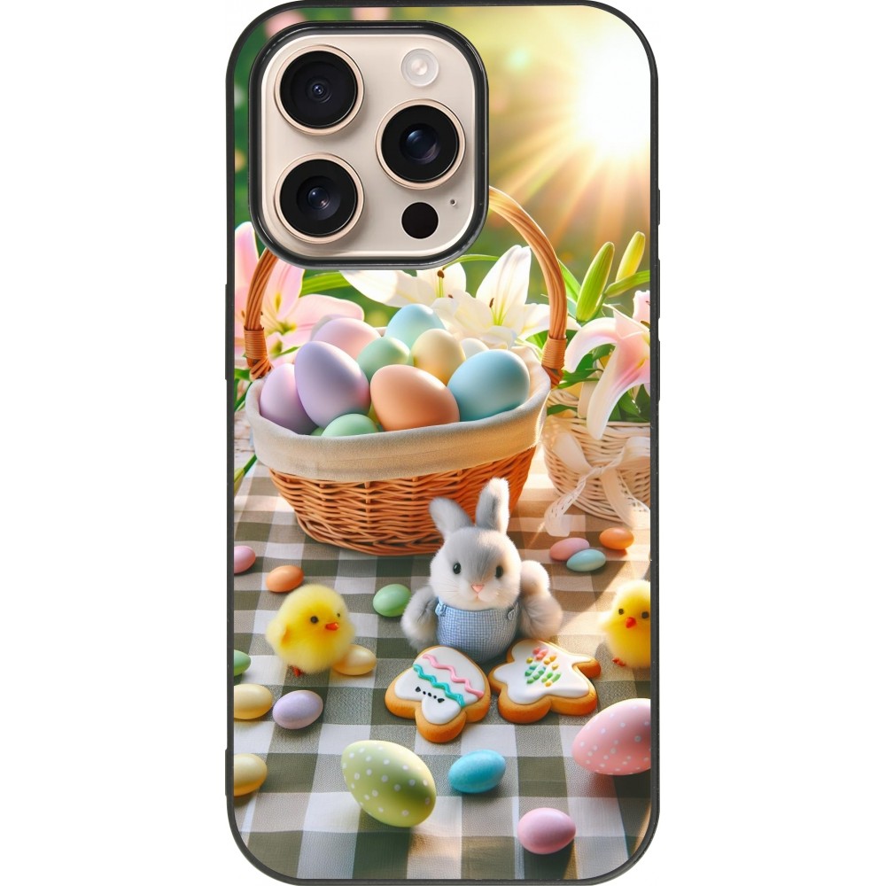 Coque iPhone 16 Pro - Silicone rigide noir Easter 2025 Panier Pâques