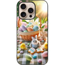Coque iPhone 16 Pro - Silicone rigide noir Easter 2025 Panier Pâques