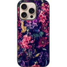 Coque iPhone 16 Pro - Silicone rigide noir Flowers Dark