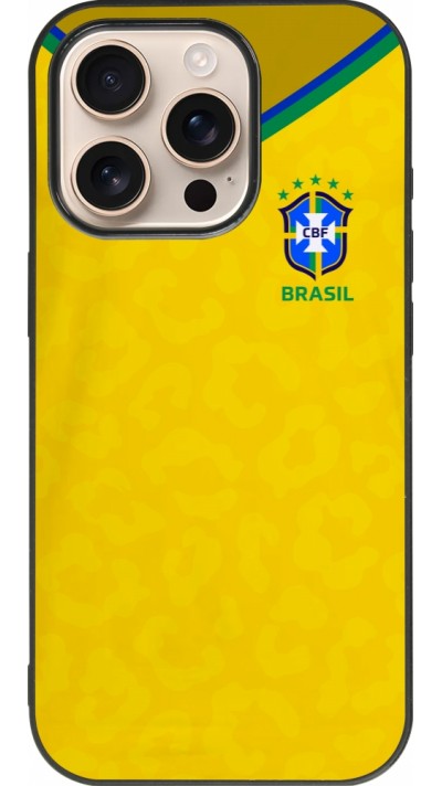 Coque iPhone 16 Pro - Silicone rigide noir Maillot de football Brésil 2022 personnalisable