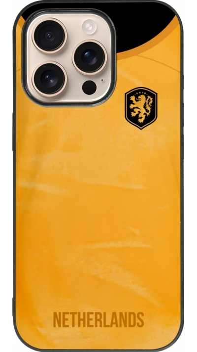 Coque iPhone 16 Pro - Silicone rigide noir Maillot de football Pays-Bas 2022 personnalisable