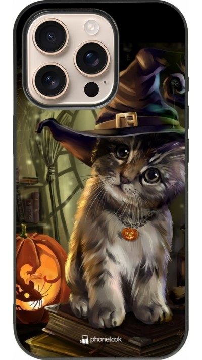 Coque iPhone 16 Pro - Silicone rigide noir Halloween 21 Witch cat
