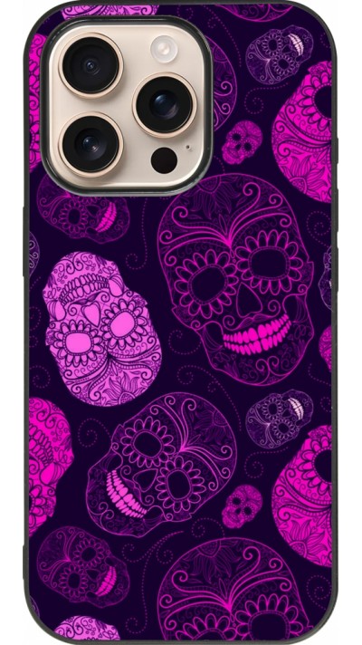 iPhone 16 Pro Case Hülle - Silikon schwarz Halloween 2023 pink skulls