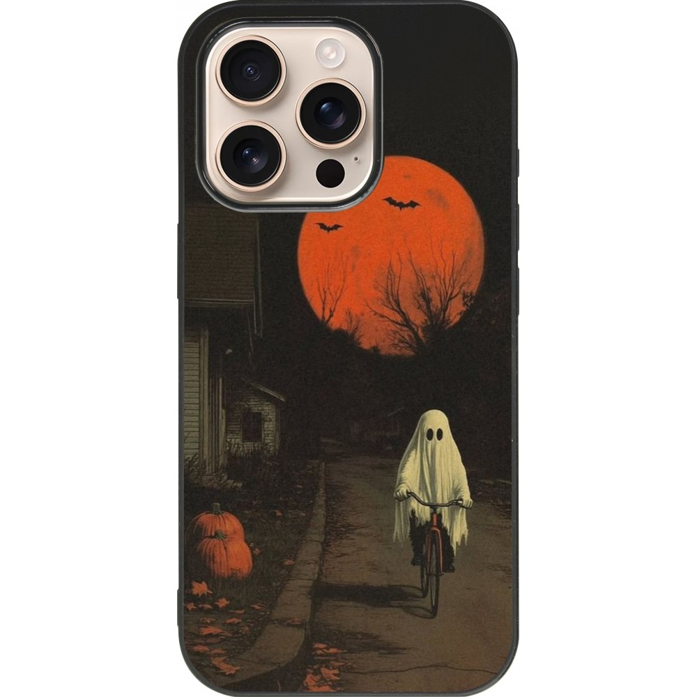 Coque iPhone 16 Pro - Silicone rigide noir Halloween 2025 Ghost on a bicycle