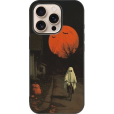 Coque iPhone 16 Pro - Silicone rigide noir Halloween 2025 Ghost on a bicycle
