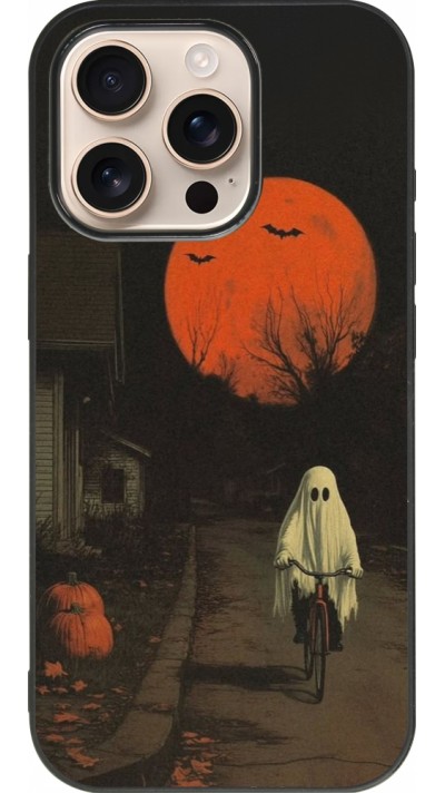Coque iPhone 16 Pro - Silicone rigide noir Halloween 2025 Ghost on a bicycle