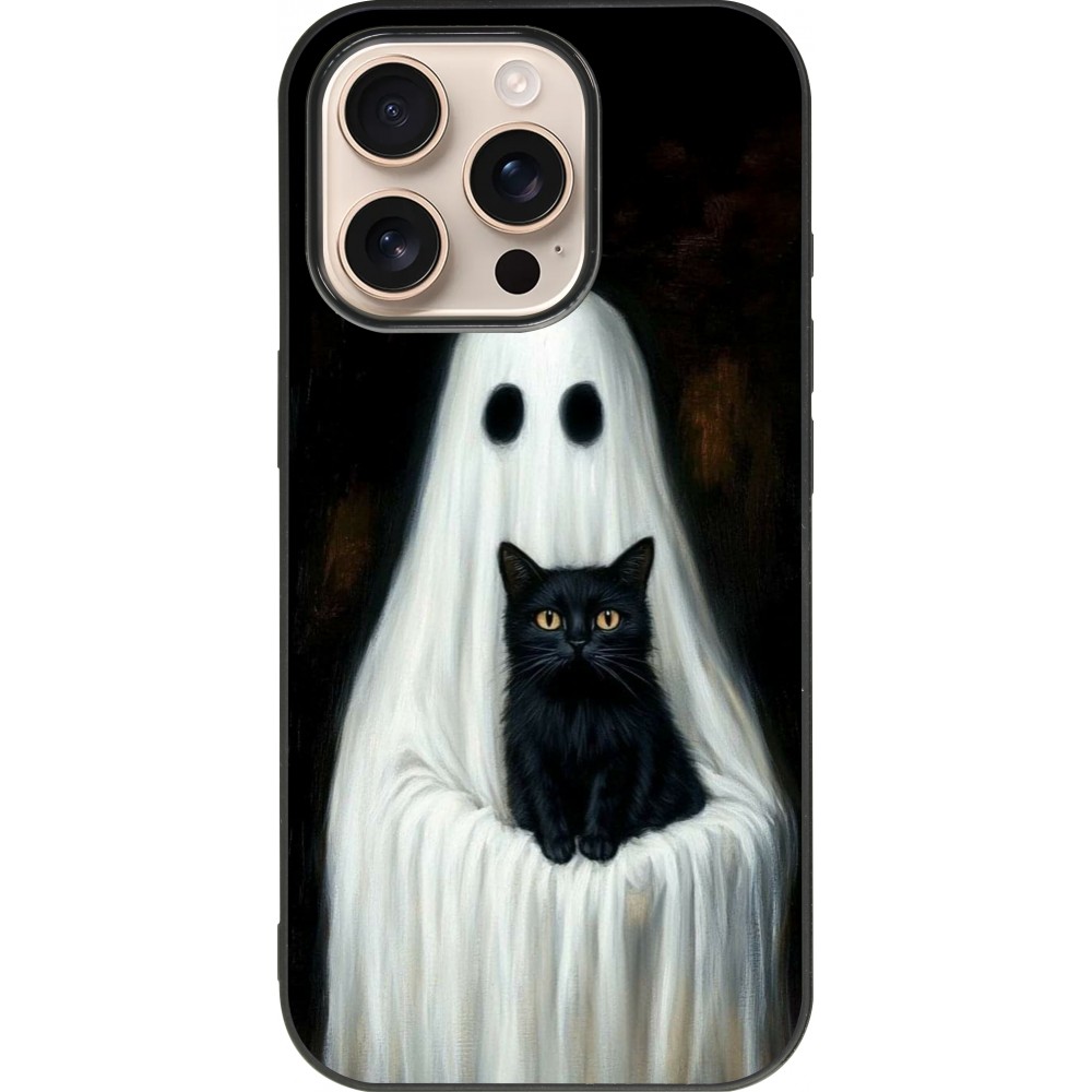 Coque iPhone 16 Pro - Silicone rigide noir Halloween 2025 Ghost with black cat