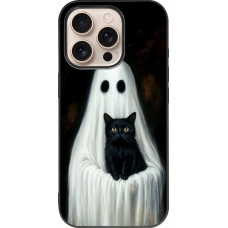 Coque iPhone 16 Pro - Silicone rigide noir Halloween 2025 Ghost with black cat