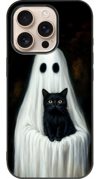 Coque iPhone 16 Pro - Silicone rigide noir Halloween 2025 Ghost with black cat