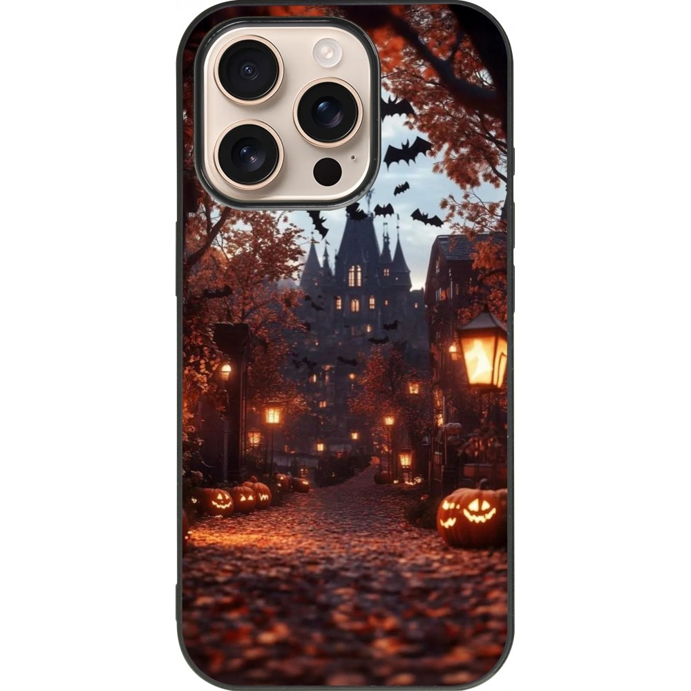 Coque iPhone 16 Pro - Silicone rigide noir Halloween 2025 Haunted house