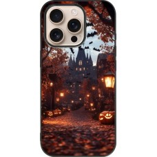 Coque iPhone 16 Pro - Silicone rigide noir Halloween 2025 Haunted house