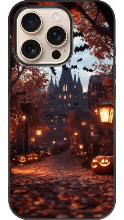 Coque iPhone 16 Pro - Silicone rigide noir Halloween 2025 Haunted house